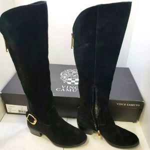 Vince Camuto equestrian Black suede knee high Riding Boots Shoes gold buckle